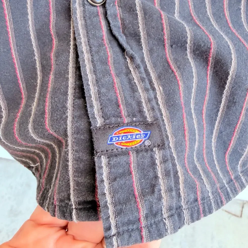 Dickies Y2K Workwear Pearl Snap Western Striped Shirt Black Red Lg